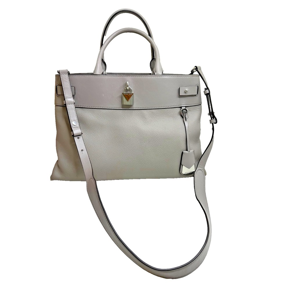 Michael Kors Gramercy Pearl Grey Leather Large Satchel Multipocket Purse - Picture 1 of 16